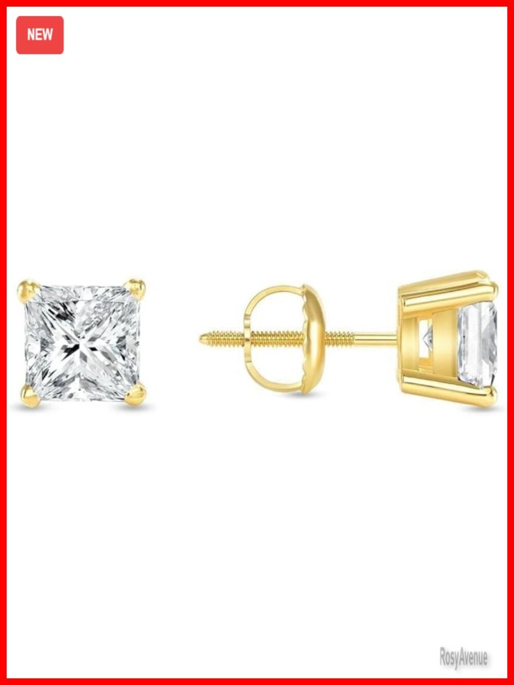 1 Carat Lab Grown Diamond Princess Cut Stud Earrings 14K Yellow Gold Screw Back